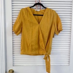 Lucky Brand Blouse, Yellow, wrap around with bow and puff sleeves